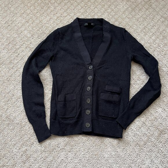 J. Crew Cardigan Black V Neck Pockets Merino Wool Tight Knit Ribbon Trim Size XS - Picture 1 of 10